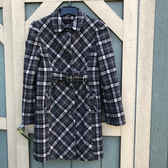 Grey plaid white and red coat 6 feminine belted - Picture 1 of 11